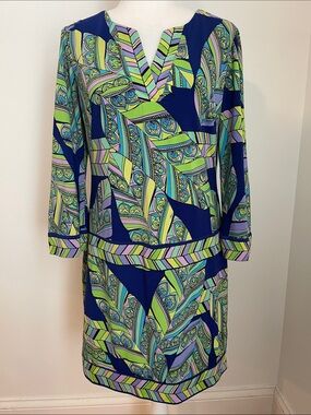 Trina Turk multicolor Rocio v-neck 3/4 sleeve knit shift dress 10 purple green